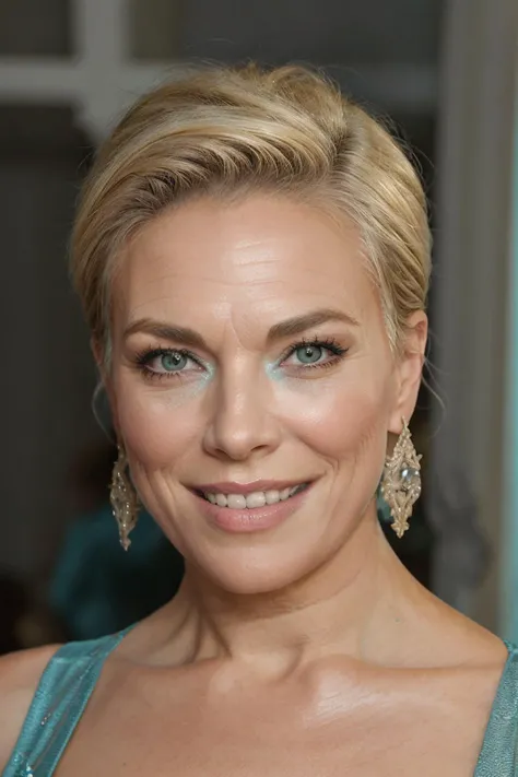 (full body shot:1.0), photorealistic photo of hhwmmilf, a mature woman, fine lines and wrinkles, tall, body, short hair, smiling, wearing a teal dress, looking at the camera, realistic, (masterpiece:1.1), (best quality:1.1), beautiful, (intricate details), unity 8k wallpaper, ultra detailed, aesthetic, perfect lighting, (wholesomegrannies:0.4), <lora:hhwmmilf_V1-000008:0.9>