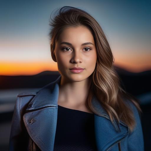 A close up of a woman with a blue jacket and a sunset in the background ...