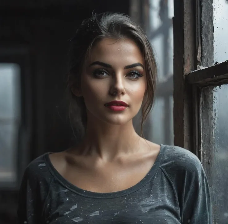 photorealistic raw full body photo is a stunning real woman. in old sports clothes, (vibrant small breasts: 1.5), T-shirt and skirt, 30 years old, The camera lens used in this picture is {LEICA M11} {35mm}{f/1.2}, which provides a shallow depth of field and soft the bokeh effect, which shows her whole body standing in the dark by a small broken window with rusted frames, is in the center of the frame and her eyes are looking directly into the camera. with warm and natural skin (very detailed facial features),. the expression shows fear, but also a sad look, dynamic pose, movement, slim body, toned body, perfect face, seductive eyes, smoky makeup, slim athletic body, fog, light breeze in hair The lighting of this image is soft and natural , the face is slightly lit to show every detail on her face and her smirk, the seductive_smile, and the moonlight coming from the broken window, but also the shadows that can be seen in the room. it is black outside the window. the resulting colors correspond to professional retro photography, dark black, hazy light. professionally lit scene, . in a destroyed factory hall, destroyed, factory, hall, scratched walls, broken ceiling, graffiti wall, dirt, realistic spooky atmosphere, blurred background, depth of field, shining light, broken window, fog, light, photo, scratched graffiti wall, broken ceiling ,mess,dark,night,shadows,darkness,fog,dust,interior,realistic,ominous clouds,rain,reflection from water drops,drops running down the window,rainy weathergrunge,texture,8k,hyperrealistic,dark night,realistic face detail, realistic hair detail moonlight,dusk,professionally lit face,dark,shadows,uhd ,dslr,best quality,professional photography,abandoned place,mysterious atmosphere,bokeh,cinema,Hyperrealism,hyperrealistic,reflection,dark shadow,analog,photo,arranged studio,(hyperrealism: 1.5),analog,photo,studio,fog,studio quality,glass window,refraction,ghetto,professionally lit,focus on face,street style,slight mimic wrinkles,eyeliner,provocative expression,red lips ,slightly visible spots on the face
Woman,