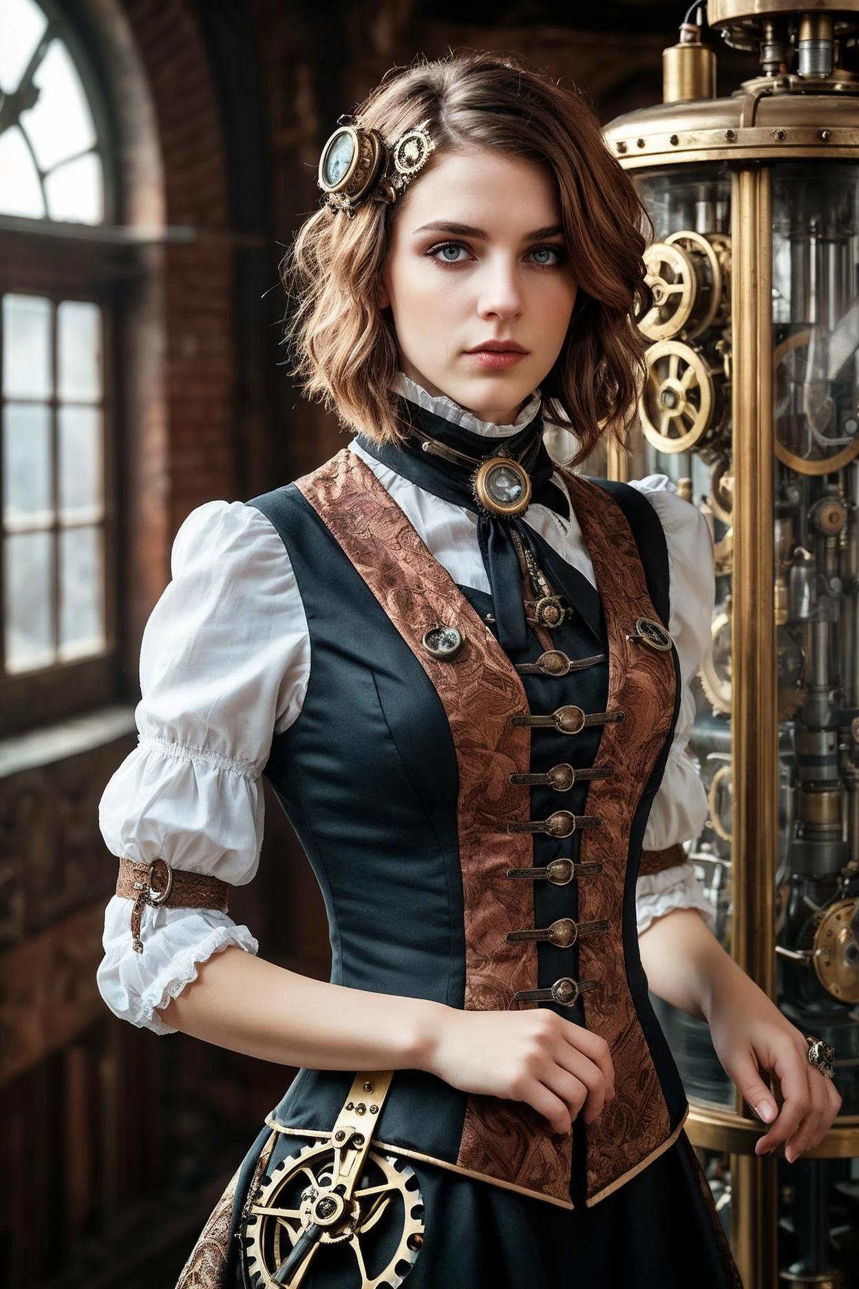 (realistic photo), steampunk,
young female, __appearance/hair__,
narrow dress, decorated,
__time__,
skin texture, (best quality, absurdres)