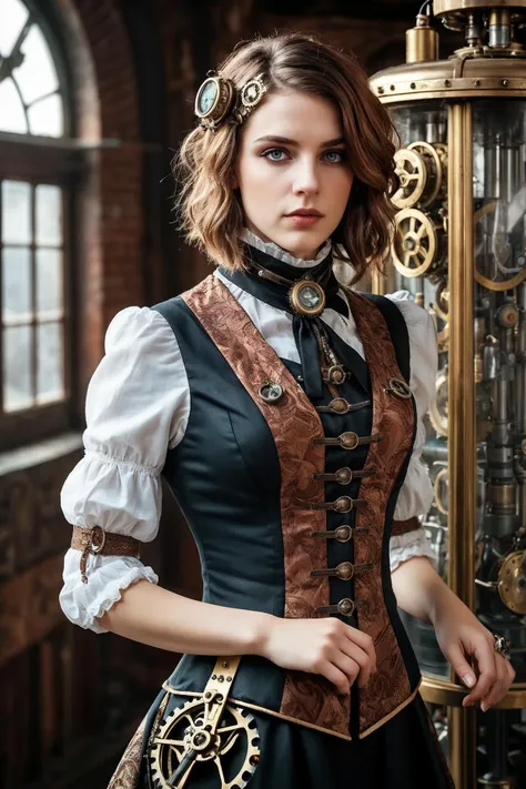 (realistic photo), steampunk, 
young female, __appearance/hair__, 
narrow dress, decorated, 
__time__, 
skin texture, (best quality, absurdres)