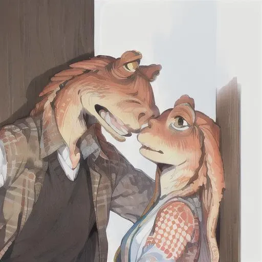 jar jar binks, Beautiful Art Style, 1girl, young woman, looking at viewer, radiant, lake, sitting with elbows on knees, (kabedon, against wall:1.3),blush,couple,looking at another,hetero,height difference,eye contact, <lora:kabedon_v10:0.8>, <lora:kawaiidream_v10:0.8>, <lora:jarJarBinksGunganStar_v3:0.6>