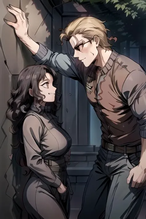 (masterpiece:1.4), high quality, high definition, sharp focus, detailed clothes, detailed body, detailed face, anime, best quality, 4k, 8k, absurd resolution, intricate detail, detailed hands, detailed eyes, animation, illustration, highly detailed, highres, extremely detailed, <lora:perfetfingers:1>, OverallDetail, edgQuality, Earth-QualityPos, BodyPositive, Best_QualityPos, ah1, <lora:hyperrefiner_v090:0.6>, <lora:add_detail:1>, <lora:hyperdenoiser_v090:0.6>, (kabedon against wall), from side, wall, couple, age difference, (height difference:1.5), (tall boy), (short girl:1.4), (looking at another), (petite girl), (boy looking down), standing, (picture of ETO_OCC with Albert wesker:1.3), hetero <lora:kabedon_from_side_retry:0.7>, <lora:ETO_OCC002:0.7> ETO_OCC, black hair, (curly hair:1.5), long hair, thick eyebrows, (plump), (curvy), (thick), (hazel eyes:1.3), (parted bangs:1.4), <lora:ETO_OC:0.2> ETO-OC, blush, shy, 1girl, big breasts, skindentation, school uniform, short girl, (Albert Wesker), shades, sunglasses, 1boy, slick back hair, <lora:AlbertWeskerRE:0.5> AlbertWeskerRE, (evil grin:1.1), tall boy, <lora:kabedon_v10:0.6> (kabedon), (against wall), eye contact