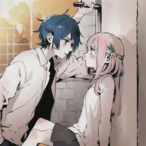jar jar binks, Beautiful Art Style, 1girl, young woman, looking at viewer, esthetic, colosseum, crossed legs, (kabedon, against wall:1.3),blush,couple,looking at another,hetero,height difference,eye contact, <lora:kabedon_v10:0.8>, yatte kita zo, <lora:Akari Has Arrived:0.8>