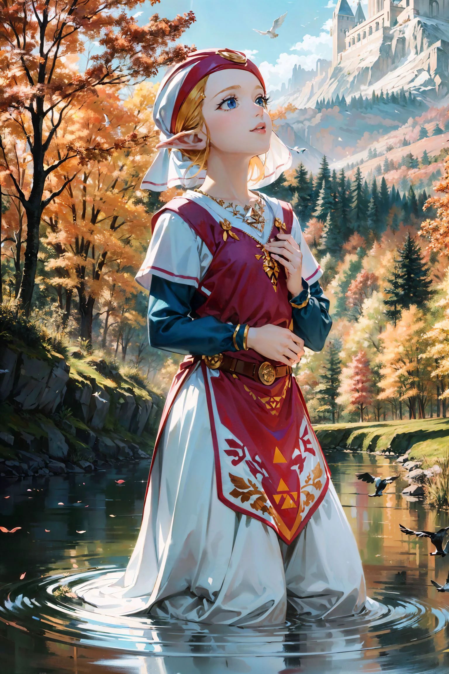 \(Style\): { (flat_color, masterpiece:1.2, best quality) },
\(Composition\): { 1girl, solo, cute, mid shot from_side, kneeling, looking up },
\(Hair\): { long_blonde_hair, wavy hair },
\(Appearance\): { mature female, princess zelda, nintendo, the legend of zelda, oot, young zelda, slim, slender, fit, small_breasts, flat_chest, blue eyes },
\(Location\): { outdoors, dreamy autum forest on hills landscape with river in the valley, crystal blue sky, birds flying away },
\(Loras\): { <lora:young_zelda_v1:.8> }