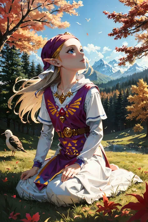 \(Style\): { (flat_color, masterpiece:1.2, best quality) },
\(Composition\): { 1girl, solo, cute, mid shot from_side, kneeling, looking up },
\(Hair\): { long_blonde_hair, wavy hair },
\(Appearance\): { mature female, princess zelda, nintendo, the legend of zelda, oot, young zelda, slim, slender, fit, small_breasts, flat_chest, blue eyes },
\(Location\): { outdoors, dreamy autum forest on hills landscape with river in the valley, crystal blue sky, birds flying away }, 
\(Loras\): { <lora:young_zelda_v1:.8> }