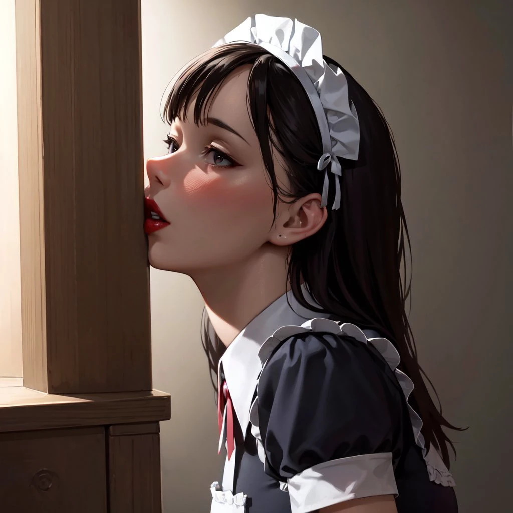 realistic, masterpice,maid, red lips, blush, big lips, big penis, facial, cum, from side, <lora:SideFellatio:0.8>