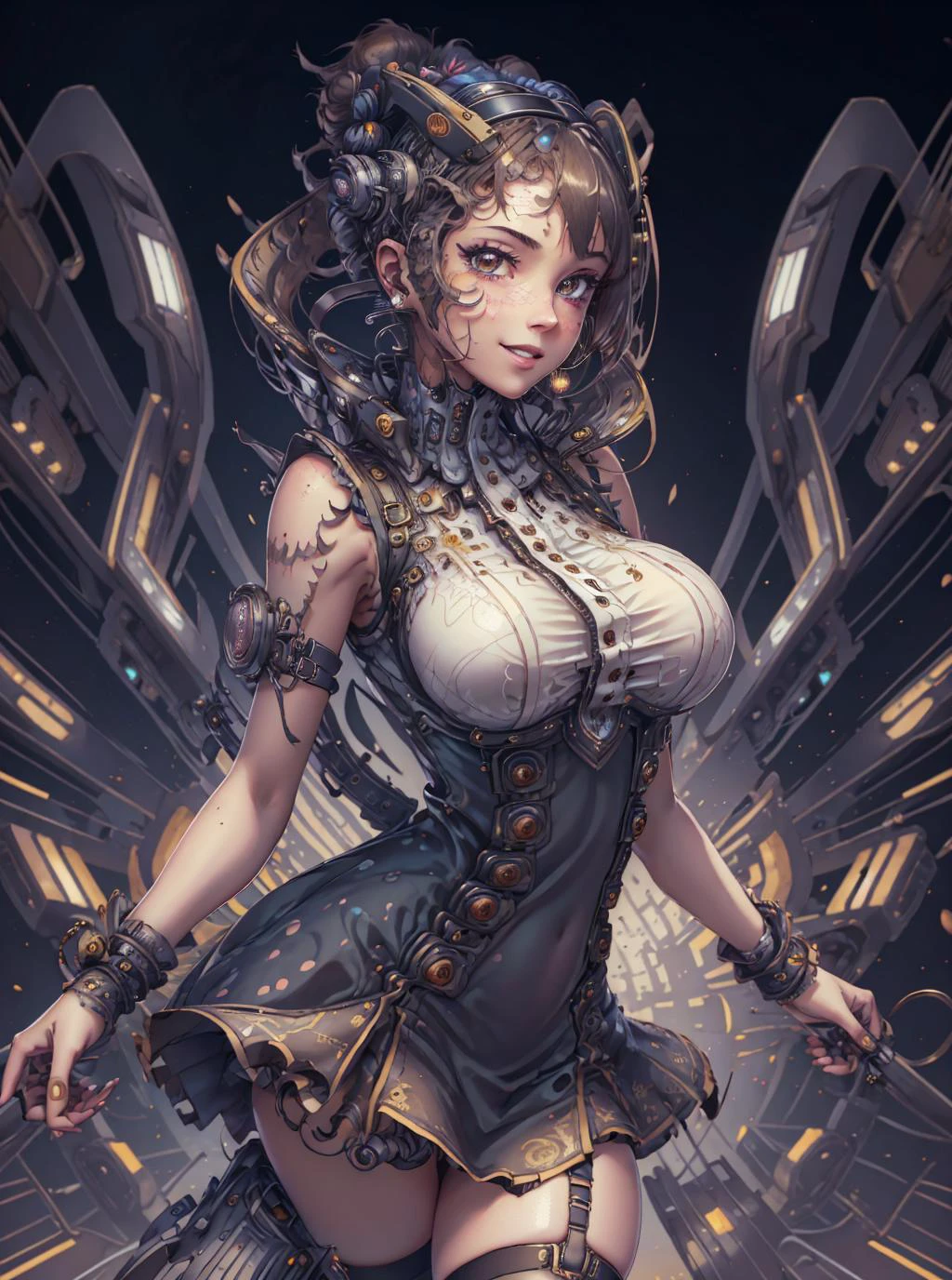 \(best quality, ultra-detailed, best illustration, best shadow, masterpiece, high res, professional artwork, famous artwork), (1girl, solo), high-waist skirt, virgin killer outfit, looking at viewer, futuristic city, smile, blush, parted lips, city background, headband, earrings, sleeveless, stockings, facial marks, fractal eyes,