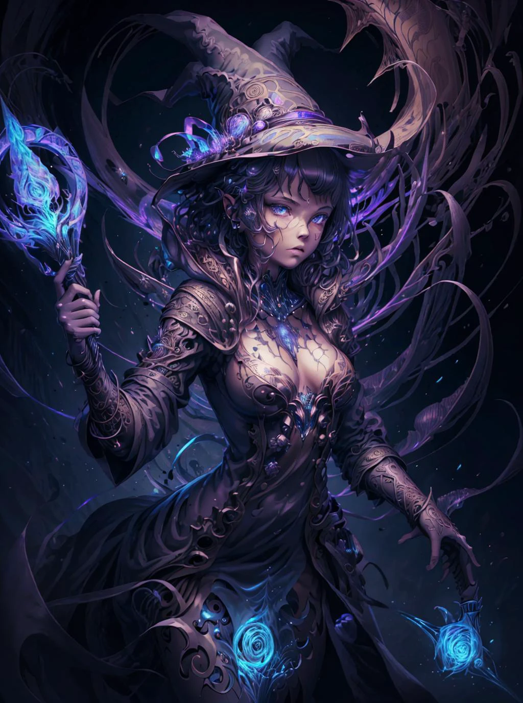 (best quality, ultra-detailed, best illustration, best shadow, masterpiece, high res, professional artwork, famous artwork), (1girl, solo, safe), magic, glowing, rune_magic, robes, witch hat, staff, fractalized, fractal_body, action pose, power,