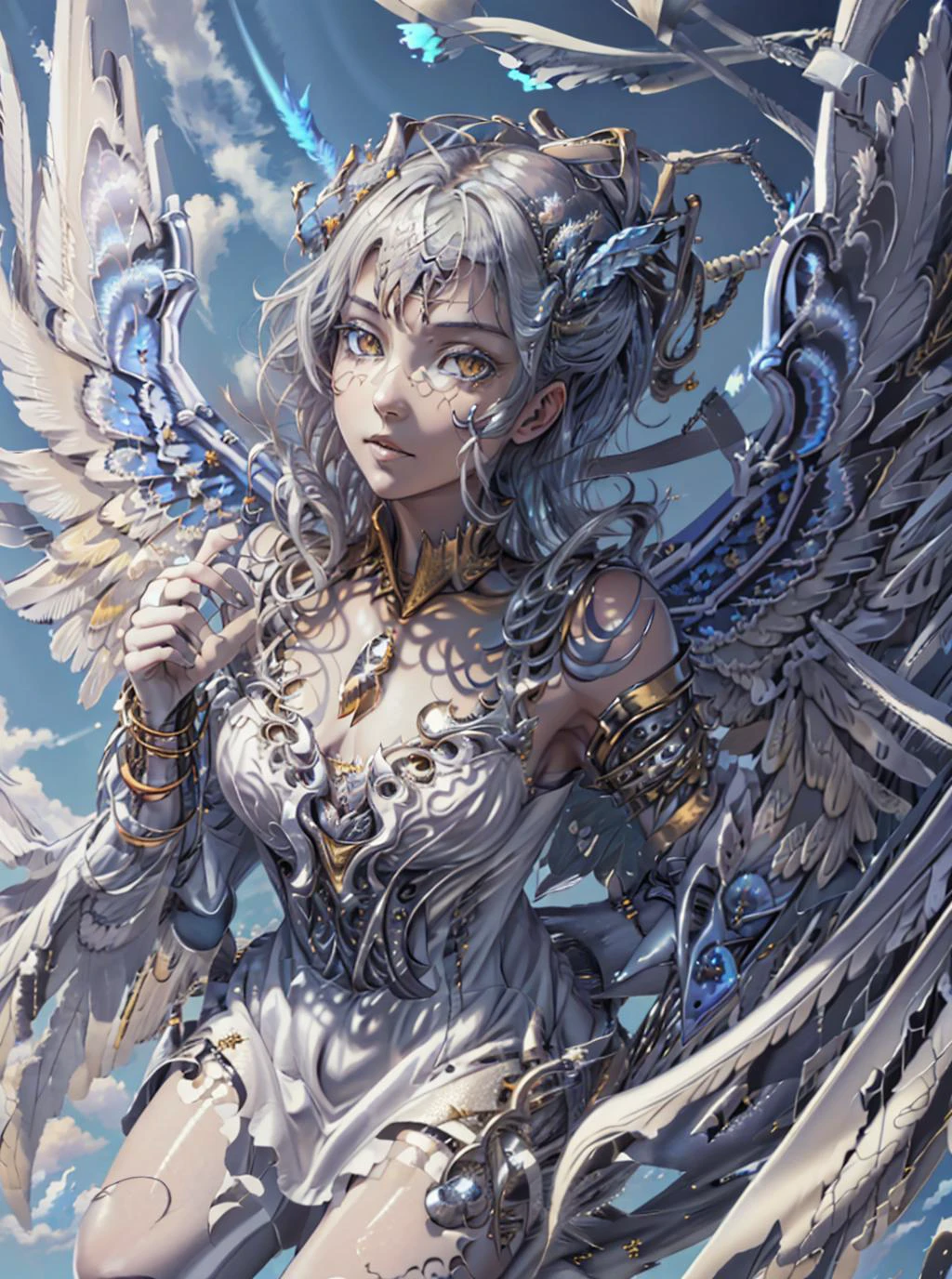 \(best quality, ultra-detailed, best illustration, best shadow, masterpiece, high res, professional artwork, famous artwork), (1girl, solo), (blue sky, bright sky, sunny), fluffy clouds, <lora:concept_angelify_changeACharacterAngelIfy_v10_(AngelT):0.8>, AngelT, wings, flying, (fractalized, fractal_body), robes, smile, low angle, silver wings, metal wings, halo, blond hair, gold eyes, silver robes, fractal wings, fractal halo, hands, bracelets,