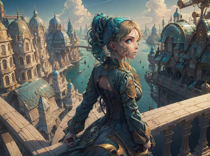\(best quality, ultra-detailed, best illustration, best shadow, masterpiece, high res, professional artwork, famous artwork), (1girl, safe, solo:1.4), fractalized, solarpunkai, outside, green-powered, blue sky, smile, looking away, medium hair, blond hair, skin, blue eyes, nature, solarpunk city, robes, headband, architecture, looking at landscape, wavy hair, corset, landscape focus, railing, looking out, side profile, ponytail, from behind, open sky, high up,