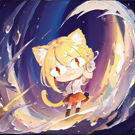 masterpiece, highres, best quality, ultra-detailed, perfect lighting, <lora:cute_oil:1> chibi, cute oil, oil painting \(medium\), brush stroke, <lora:necoArcCharacters_necoArcv3final:1> neco-arc, 1girl, full body, :3, cat ears, chibi, cat girl, cat tail, solo, slit pupils, yellow hair, red eyes, white shirt, red skirt,