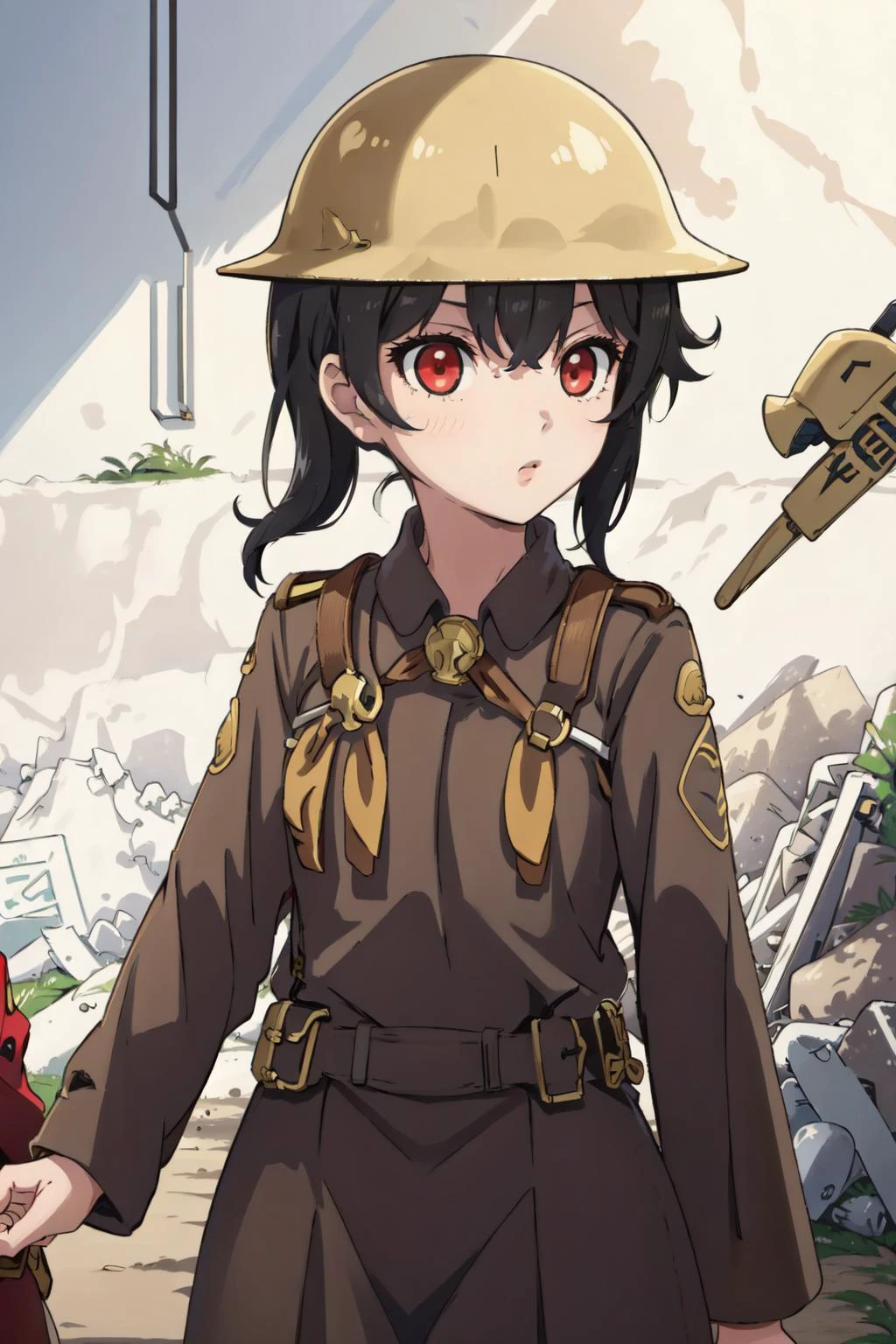 (masterpiece, best quality), intricate details, 8k,sharp focus,
1girl, <lora:AshleyWarioware:0.8> ashley_warioware, red eyes, helmet,
uniform, <lora:ww1brit_v0.1:0.8> ww1brit, bandolier, war, bombs, trench warfare,