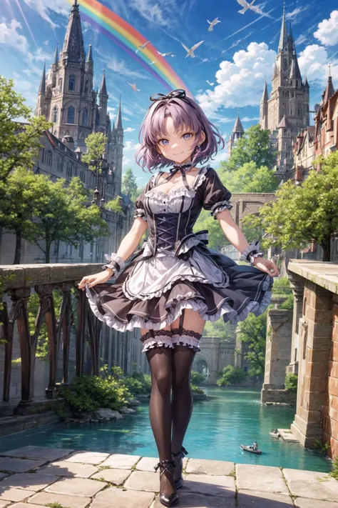 masterpiece, realistic, best quality,
outdoor, fantasy world background, castles, water, foutain, bridges, lamps, road, boat, sunny sky, rainbow, royale garden,
canal, sea, birds,
dynamic pose,
hair ornaments,
clevage, garter belt,
frill black dress, short frill puff dress, frill black skirt, black thighhighs, heels, cuffs, frill choker,
young mature, thin, slim, narrow_waist, short_waist, wide_hips, medium purple hair,
full body, standing, smirk, mischievous, bowing to viewer, cursty,
<lora:renne-nvwls-v1:0.8> renne_sen, large breasts,
<lora:add_detail:1>