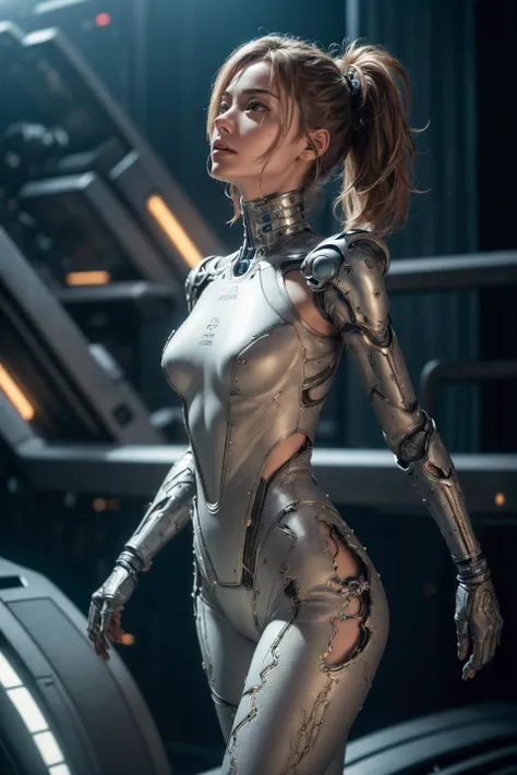 (spaceship environment), scifi, (masterpiece,best quality:1.3), (ultra-detailed:1.3), (highly detailed CG illustration), (an extremely delicate and beautiful),from side,cinematic light,(1mechanical girl),solo,full body,(machine made joints),machanical limbs,blood vessels connected to tubes,mechanical vertebra attaching to back,(mechanical cervial attaching to neck),wires and cables attaching to neck and body ,character focus,science fiction,RAW photo, cinematic masterpiece, majestic epic composition, (movie scene), full shot, epic dynamic frame, dynamic pose, motion blur, sci-fi, cyber, (((cienatic look))), rim light, film grain, natural skin texture, 24mm, 4k textures, (skinny, slim, cameltoe), (highly detailed worn metal texture:1.3), <lora:add_detail:0.75>