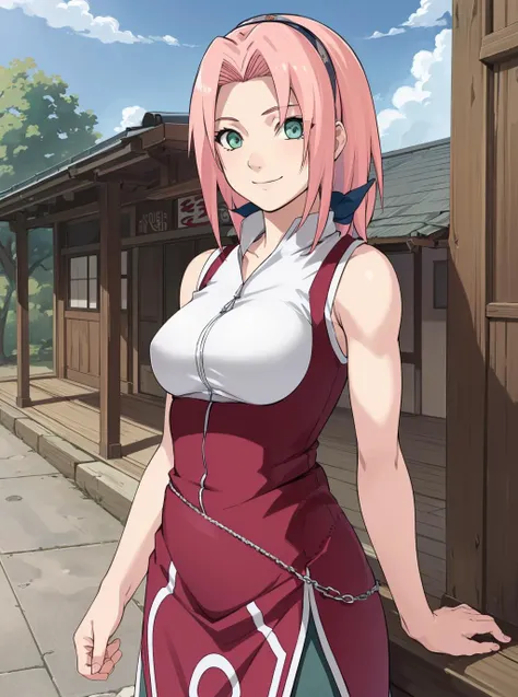 (best quality, ultra-detailed, best illustration, best shadow, masterpiece, high res, professional artwork, famous artwork), (1girl, solo), haruno sakura, pink hair, green eyes, adult, muscular, large breasts, tall, outside, bright sky, smile, high-waist skirt, biceps, small town, sleeveless, virgin killer outfit,