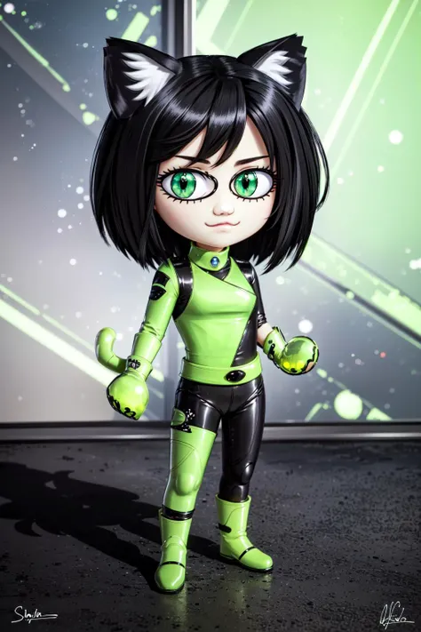 (masterpiece, best quality),  intricate details, 8k,sharp focus,
1girl,    <lora:shego_v10:0.8> sh1, green eyes, gloves, multicolored bodysuit, makeup, 
 <lora:Neco-Arc:0.8> neco-arc, necopose, 1girl, full body, :3, cat ears, chibi, cat girl, cat tail, solo, slit pupils,