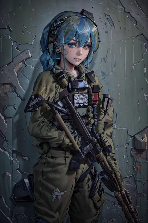 (best quality, ultra-detailed, best illustration, best shadow, masterpiece, high res, professional artwork, famous artwork), (1girl, solo),  <lora:concept_costume_tacticalGear_(wearing epTactical):0.9>, wearing epTactical,
 <lora:concept_betterGunsLocon_v10:1>, (holding, holding_gun:1.0), (rifle, assault_rifle:1.3), (trigger_discipline:1.2), earth-chan, blue hair, green hair, smirk, camouflage, load bearing vest, teenager, young,