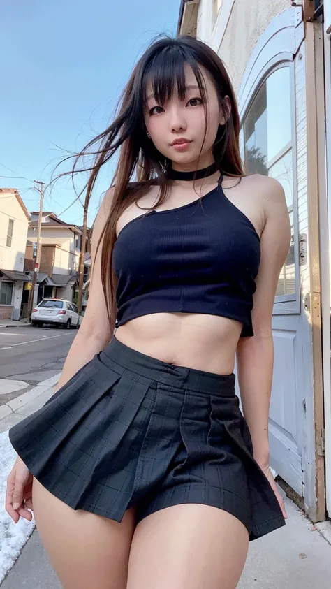 <lora:itseunchae:1>, korean girl with hair bangs, thick body, thigh thighs, tall, thick body, skirt, cute top, outside on a street in LA, skin pores, skin indentation, best shadows, best lighting, cinematic lighting, midriff,