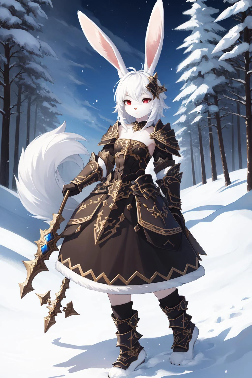 (masterpiece, best quality), intricate details, 8k, artstation, wallpaper, official art, splash art, sharp focus,
(anthro rabbit girl, rabbit ears:1.2),, (1girl), full body fur, white fur, white rabbit ears, white hair, red eyes, petite, thin figure, small breasts, long flowing white hair, messy hair,
mage, arcane ritual, snowy forest, trees,
floating magical tome, <lora:war_glamv1.1:0.8> War_Glam, wearing War_Glam, black armor, silver filigree, pauldrons, armored skirt,