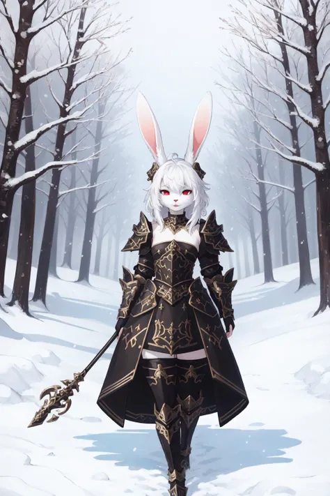 (masterpiece, best quality), intricate details, 8k, artstation, wallpaper, official art, splash art, sharp focus,
(anthro rabbit girl, full body fur, white furrabbit ears:1.2),, (1girl), white hair, red eyes, petite, thin figure, small breasts, long flowing white hair, messy hair,
mage, arcane ritual, snowy forest, trees,
floating magical tome, <lora:war_glamv1.1:0.8> War_Glam, wearing War_Glam, black armor, silver filigree, pauldrons, armored skirt,