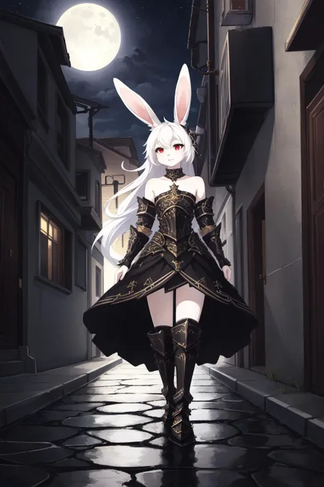 (masterpiece, best quality),  intricate details, 8k, artstation, wallpaper, official art, splash art, sharp focus,
(anthro rabbit girl, full body fur, white furrabbit ears:1.2),, (1girl),   white hair, red eyes, petite, thin figure, small breasts, long flowing white hair, messy hair,
mage, arcane ritual, gloomy back alley, city streets, wet pavement, night time, stars in sky, moonlight, 
floating magical tome,  <lora:war_glamv1.1:0.8>  War_Glam, wearing  War_Glam,  black armor, silver filigree, pauldrons, armored skirt,  <lora:LowRA:0.8> dark theme,