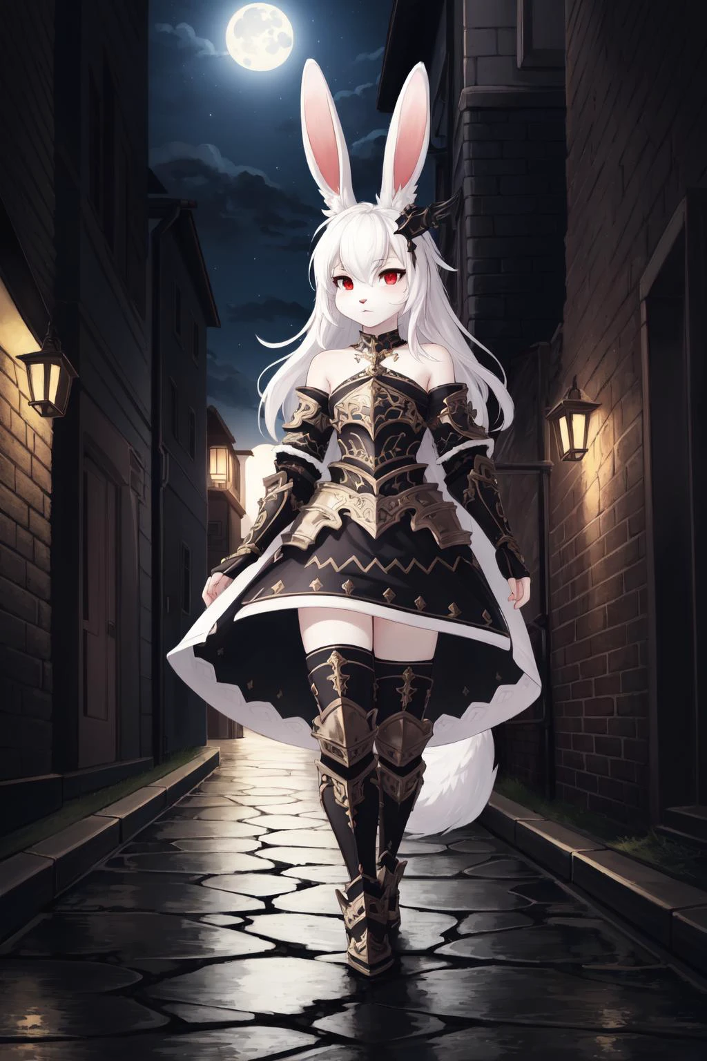 (masterpiece, best quality), intricate details, 8k, artstation, wallpaper, official art, splash art, sharp focus,
(anthro rabbit girl, full body fur, white furrabbit ears:1.2),, (1girl), white hair, red eyes, petite, thin figure, small breasts, long flowing white hair, messy hair,
mage, arcane ritual, gloomy back alley, city streets, wet pavement, night time, stars in sky, moonlight,
floating magical tome, <lora:war_glamv1.1:0.8> War_Glam, wearing War_Glam, black armor, silver filigree, pauldrons, armored skirt, <lora:LowRA:0.8> dark theme, <lora:STARRAIL-10:0.8> full body,