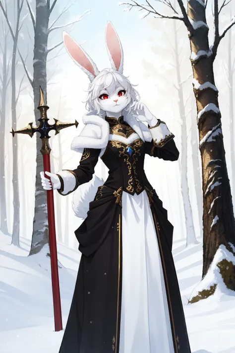 (masterpiece, best quality),  intricate details, 8k, artstation, wallpaper, official art, splash art, sharp focus,
(anthro rabbit girl, rabbit ears:1.2),, (1girl), full body fur, white fur,  white rabbit ears, white hair, red eyes, 
mage, arcane ritual, snowy forest, trees,  <lora:DarkGown:1> [ballgown|DRK_Glam], black gown,