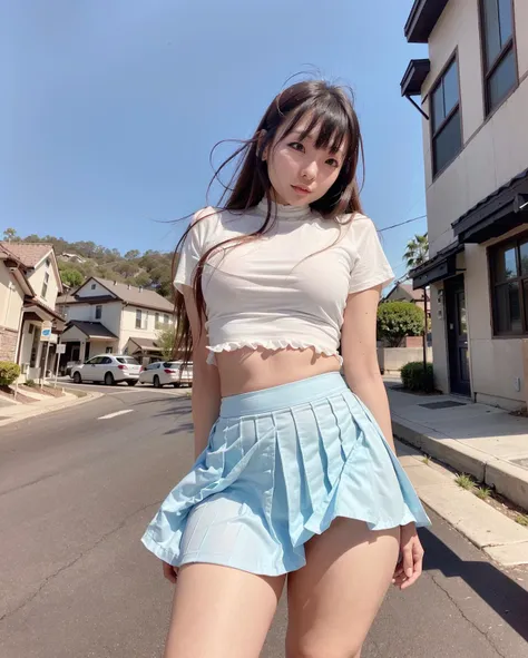 <lora:itseunchae:1>, korean girl with hair bangs, thick body, thigh thighs, tall, thick body, cute face, pretty face, skirt, cute top, outside on a street in LA, skin pores, skin indentation, detailed face, best shadows, best lighting, cinematic lighting,