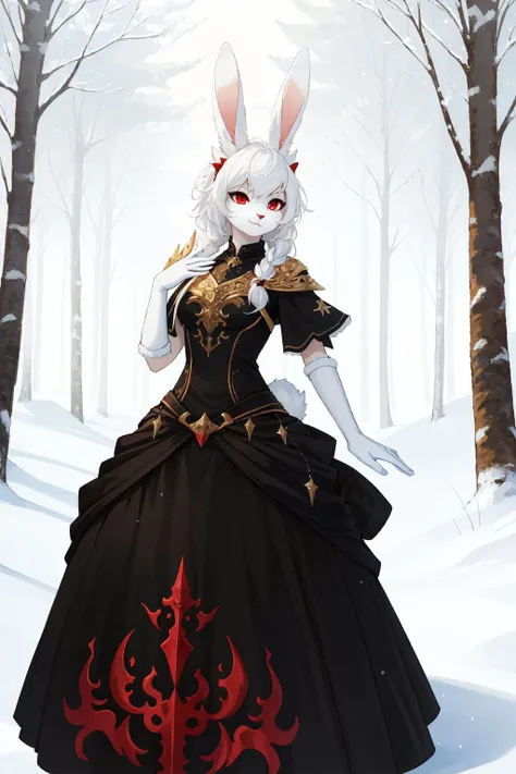 (masterpiece, best quality),  intricate details, 8k, artstation, wallpaper, official art, splash art, sharp focus,
(anthro rabbit girl, rabbit ears:1.2),, (1girl), full body fur, white fur,  white rabbit ears, white hair, red eyes, 
mage, arcane ritual, snowy forest, trees,  <lora:DarkGown:1> [ballgown|DRK_Glam], black gown, 
floating magical tome,