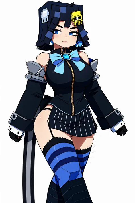 (masterpiece, best quality), intricate details,
1girl, <lora:ouroKroniiHololive_v10:0.8> Ouro Kronii, 1girl, solo, breasts, short hair, skirt, shirt, thighhighs, gloves, long sleeves, bow, cleavage, bare shoulders, jewelry, white shirt, earrings, detached sleeves, sleeveless, black gloves, striped, puffy sleeves, black thighhighs, miniskirt, black skirt, bowtie, clothing cutout, sleeveless shirt, chain, blue bow, cleavage cutout, vertical stripes, zipper, asymmetrical legwear, striped skirt, head chain, bow earrings
<lora:mcnsfw_3597:1> mcnsfw, minecraft, block head, square, standing, white background,