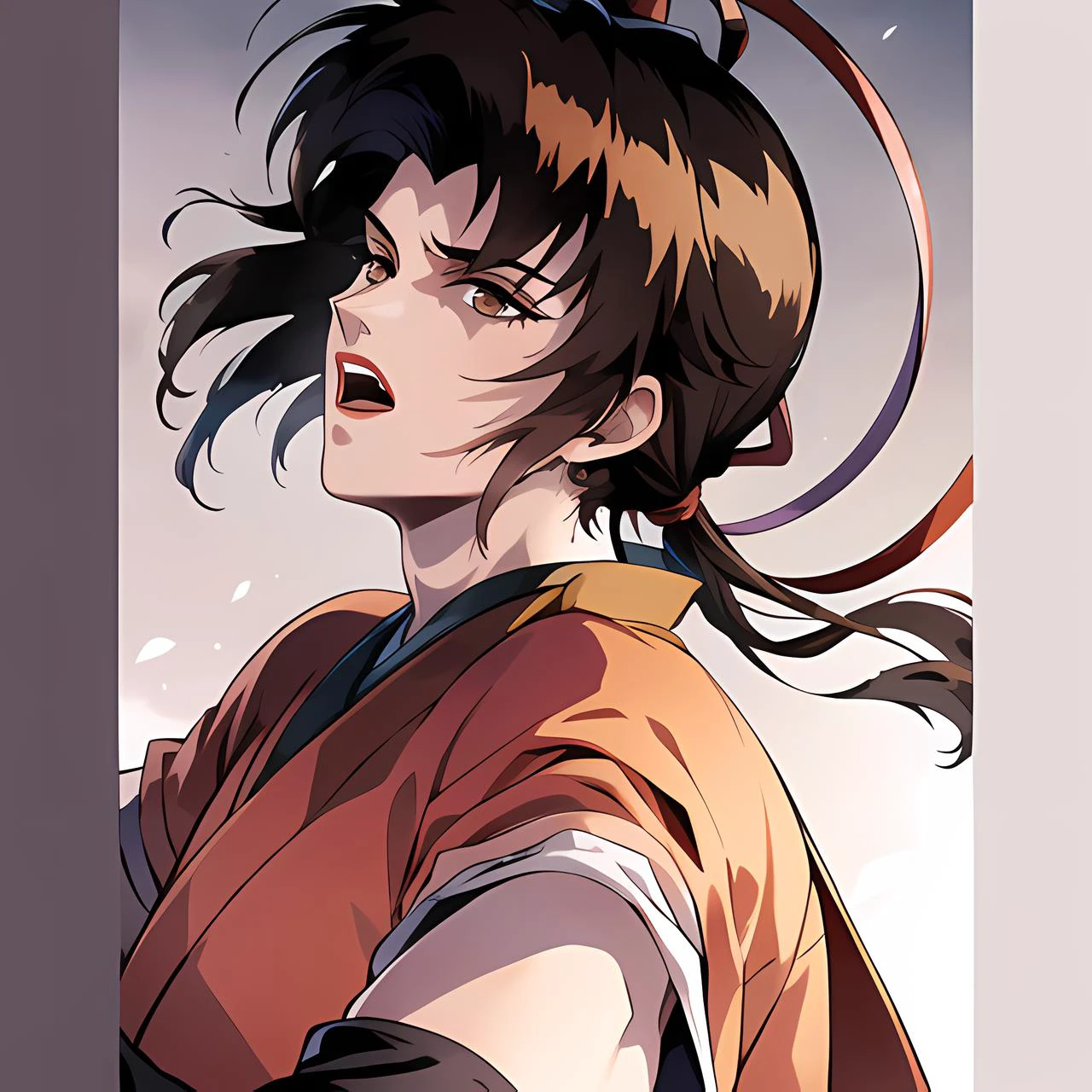 (Masterpiece, best quality:1.4), absurdres, ninjascroll, traditional media, (1boy, solo, male focus, dark skin, brown eyes, eyelashes, hair over eyes, lips (neg-red lips), manly, brown hair, ponytail, Japanese clothes, holding weapon, holding sword, katana, asian conical hat, ajirogasa, samurai), fighting stance, battle, open mouth, teeth, perfect teeth, (setting:japanese village:1.5), detailed background <lora:NinjaScroll-10:0.8>