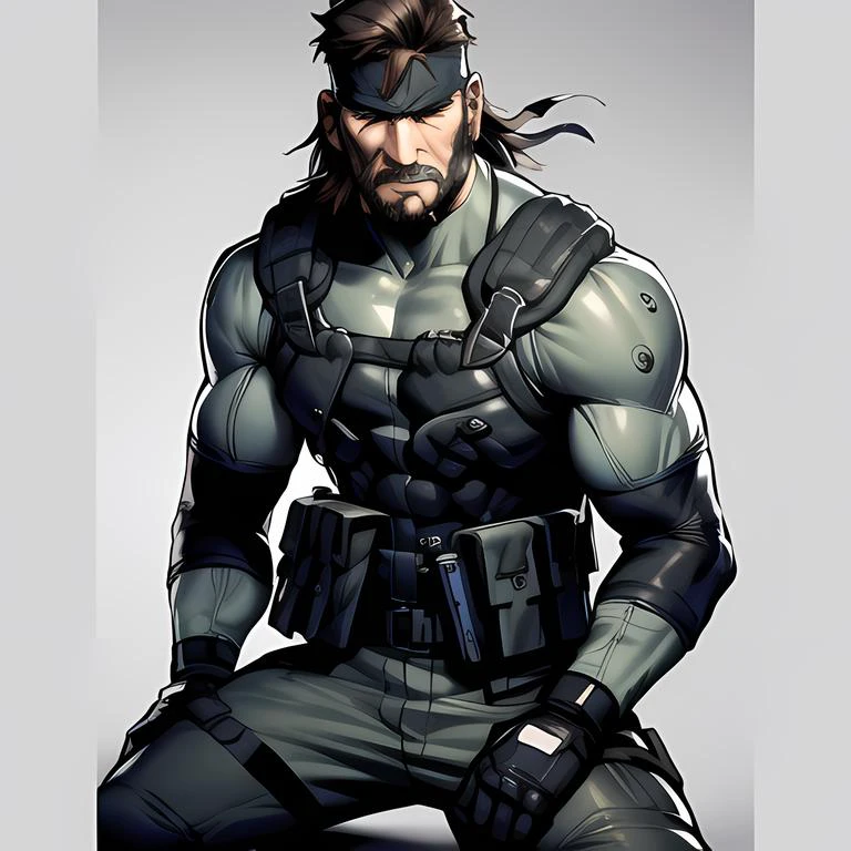 shinkawa youji, detailed face, detailed body, absurdres, 4k, metal gear solid, solid snake, full body, (gun, pistol, handgun, silencer), 1boy, old, facial hair, grey beard, bandana, (masterpiece:1.4), <lora:yojiShinkawaStyle_offset:0.1> <lora:solidsnake-nvwls-v1-final:0.9>