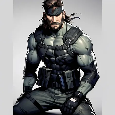 shinkawa youji, detailed face, detailed body, absurdres, 4k, metal gear solid, solid snake, full body, (gun, pistol, handgun, silencer), 1boy, old, facial hair, grey beard, bandana, (masterpiece:1.4), <lora:yojiShinkawaStyle_offset:0.1>  <lora:solidsnake-nvwls-v1-final:0.9>