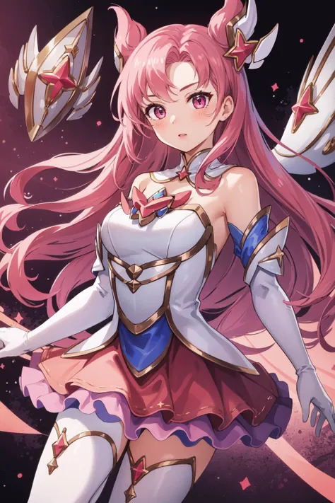 (masterpiece, best quality), intricate details, 8k, artstation, wallpaper, official art, splash art, sharp focus,
1girl, <lora:Star_Guardian_KaiSa_V1:0.8> Star_Guardian_Kai'Sa, white_legwear, white_gloves, pink_skirt,,