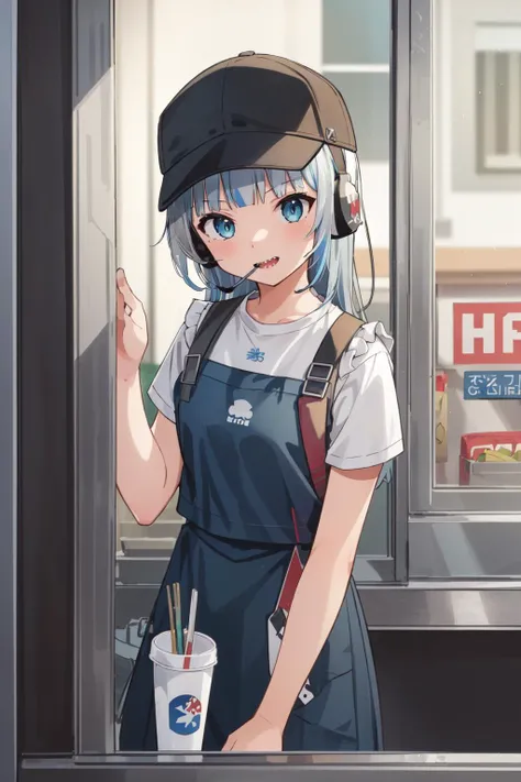 (masterpiece, best quality), intricate details, 8k, artstation, wallpaper, official art, splash art, sharp focus,
1girl, <lora:gawrGuraHololiveAll_v4AllOutfits:0.8> gawr gura, sharp teeth, shark tail,
<lora:Drive-Thru Window Operator:0.8> Inside the drive-thru window, drive-thru window, headset, apron, cap, cap hat,