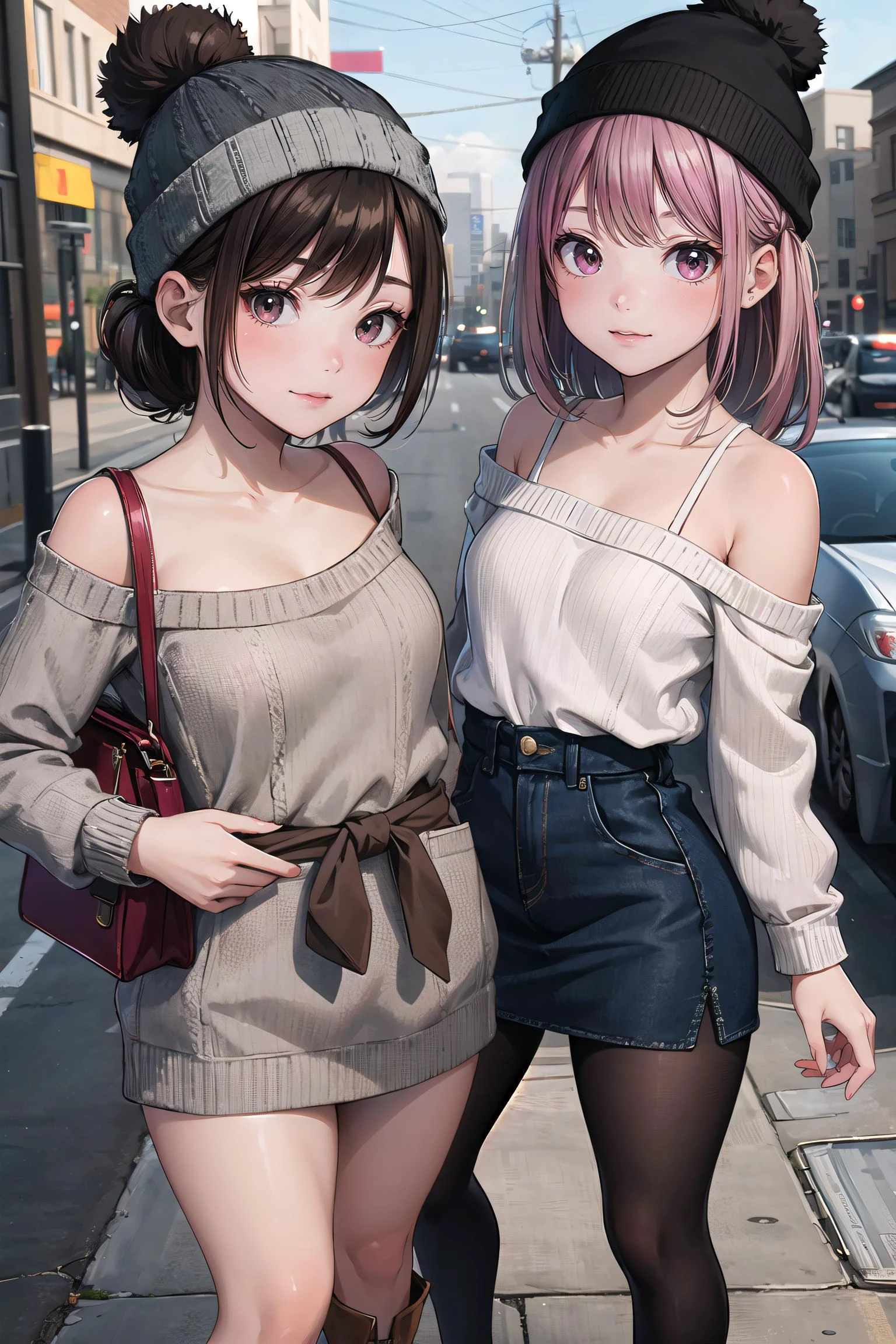 masterpiece, best quality,2girl,young girl, mocha eyes, gray, choppy bob,sleepy _face,shiny skin,large breasts,nice leg line:1.3,thick thighs, thin waist,, Pink_knit_cardigan, white_button-up_shirt, navy_blue_A-line_skirt, white_canvas_sneakers, black_hair_clips, black_backpack, , Cliff_overlooking_the_ocean,,looking at viewer,cowboy shot,dynamic angle