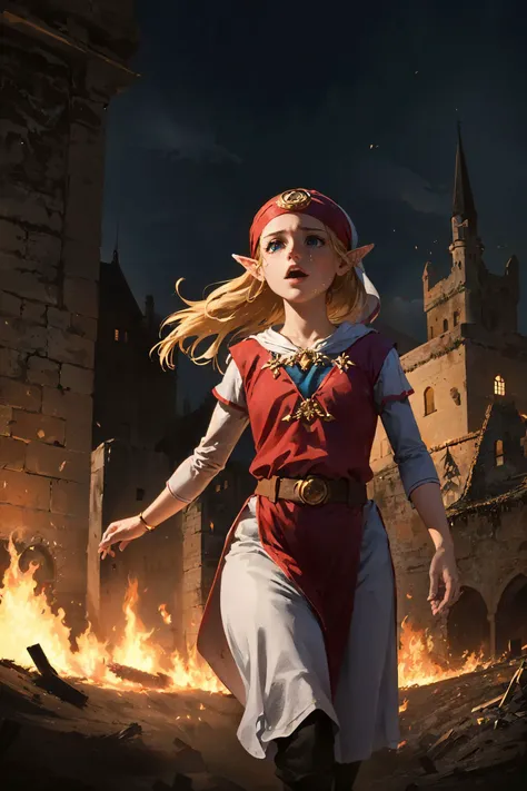 \(Style\): { (flat_color, masterpiece:1.2, best quality) },
\(Composition\): { 1girl, running, evacuees, burning medieval castle, castle in flames, fear, sobbing },
\(Hair\): { long_blonde_hair, wavy hair },
\(Appearance\): { mature female, princess zelda, nintendo, the legend of zelda, oot, young zelda, slim, slender, fit, small_breasts, flat_chest, blue eyes, dirt on face },
\(Clothing\): { worn clothing },
\(Location\): { burning_fantasy_medieval_castle, dark night, crowds in panic, chaos, desperation, hopeless },
\(Loras\): { <lora:young_zelda_v1:.8> }
