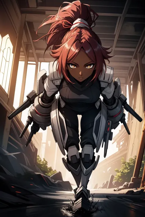 (masterpiece, best quality),  intricate details, 8k, artstation, wallpaper, official art, splash art, sharp focus,
1girl,  solo, <lora:bleach_shihouin-10:0.8> shihouin yoruichi, (dark skin, dark-skinned female:1.2), ponytail, 
 <lora:[prosthetic quadruped,Quadruped machinery,mechanical tail,mechanical parts, robot joints,hydraulic system,headgear,four feet]:0.8> prosthetic quadruped, quadruped machinery, mechanical tail, mechanical parts,  robot joints, hydraulic system, four feet,