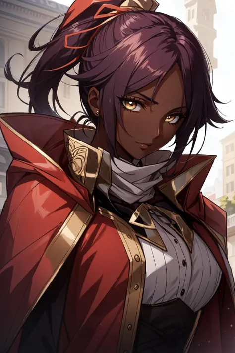 (masterpiece, best quality), intricate details, 8k, artstation, wallpaper, official art, splash art, sharp focus,
1girl, solo, <lora:bleach_shihouin-10:0.8> shihouin yoruichi, dark skin, dark-skinned female, ponytail,
<lora:LittleGown:0.8> ballgown, RHG, a woman in a red cape, ,wearing RHG , wearing a ballgown ,