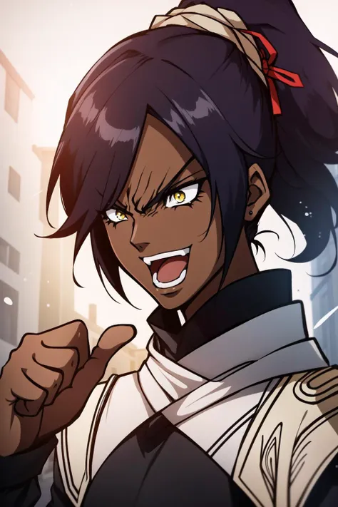 (masterpiece, best quality), intricate details, 8k, artstation, wallpaper, official art, splash art, sharp focus,
1girl, solo, <lora:bleach_shihouin-10:0.8> shihouin yoruichi, (dark skin, dark-skinned female:1.2), ponytail,
<lora:konoDIODAITWASMEDIO_v10IntialRelease:0.8> biwm, pointing_at_self, shouting, angry,