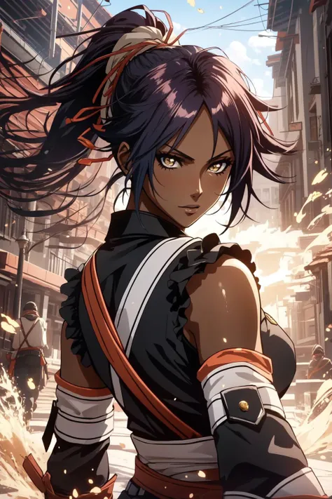(masterpiece, best quality), intricate details, 8k, artstation, wallpaper, official art, splash art, sharp focus,
1girl, solo, <lora:bleach_shihouin-10:0.8> shihouin yoruichi, (dark skin, dark-skinned female:1.2), ponytail,
<lora:Unreal-Fantasy_Style:0.8>