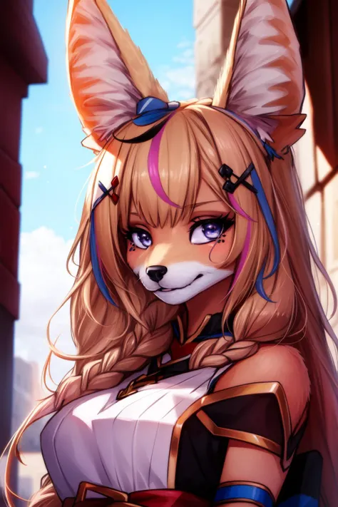 (masterpiece, best quality),  intricate details, 
1girl, solo,   <lora:omaru_polka_v2:0.8> op1, animal ears, hairclip, hair bow, streaked hair, 
 <lora:[STYLE]_personalami_v1:0.8> furry, fox,