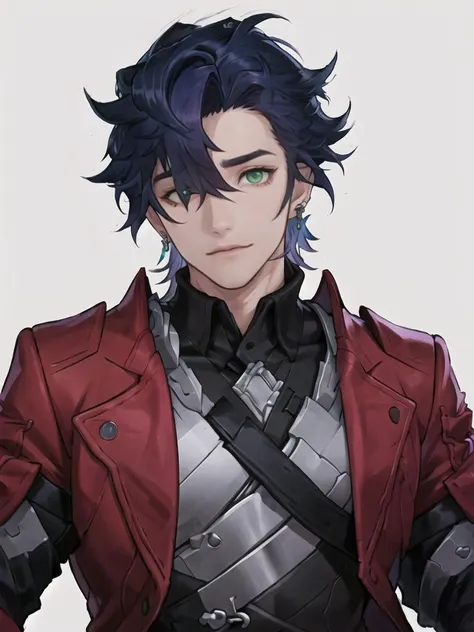 best quality, masterpiece, highres, 1boy,male,solo,upper body, <lora:sampo:0.6>,sampo,purple hair,green eyes,hair over one eye,jacket,shirt,earrings,belt