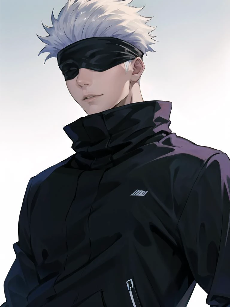 best quality, masterpiece, highres, 1boy,male,solo,upper body, <lora:jjk_gojo-11:1>,satoru gojo,blindfold,black jacket