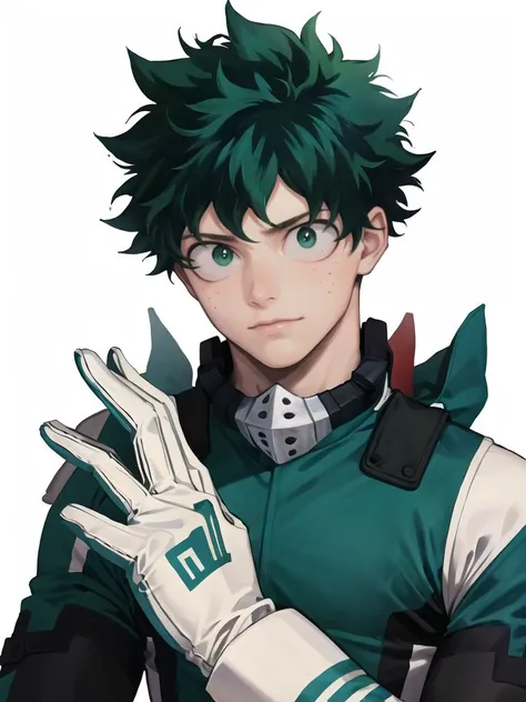 best quality, masterpiece, highres, 1boy,male,solo,upper body,  <lora:mha_midoriya-10:1>,midoriya izuku, short green hair, green eyes,green bodysuit, white gloves