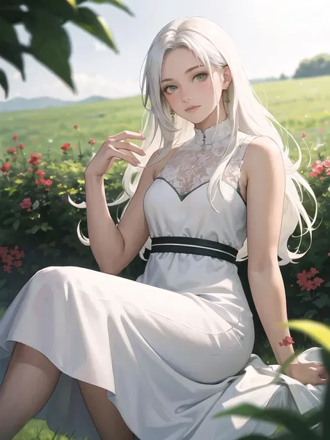(masterpiece, best quality),1girl with long white hair sitting in a field of green plants and flowers, warm lighting, white dress, blurry foreground