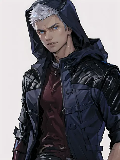best quality, masterpiece, highres, 1boy,male,solo,upper body,  <lora:dmc_nero-10:1>,white hair,blue eyes,coat, hood, pants, gloves,nero \(dmc5\)