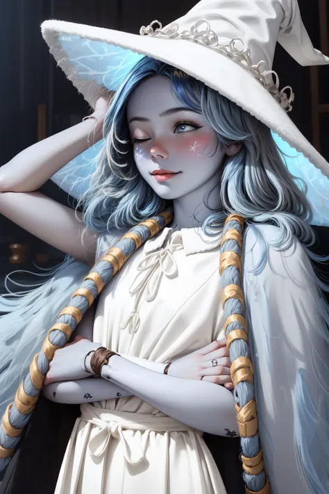 (masterpiece, best quality),  intricate details, 
1girl,  <lora:ranni:1> ranni, cracked skin, doll joints, one eye closed, four arms, witch hat, white headwear, fur cloak, white dress,(blue skin, blue hair:1.4)