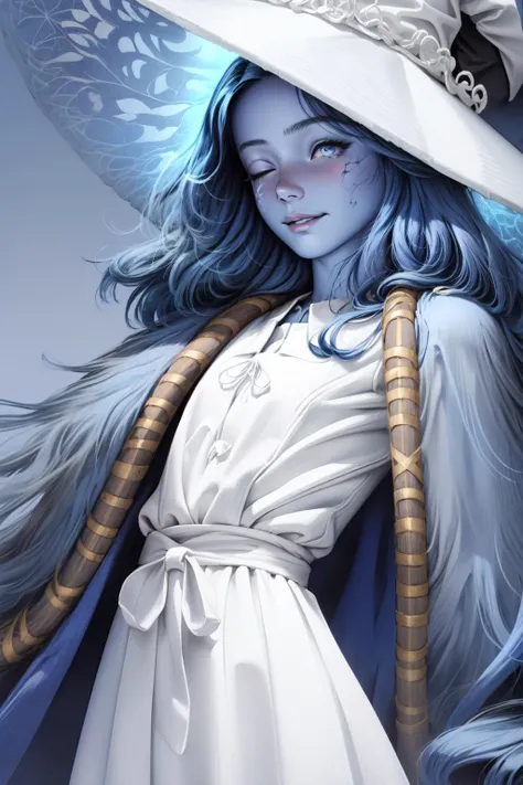(masterpiece, best quality), intricate details,
1girl, <lora:ranni:1> ranni, cracked skin, doll joints, one eye closed, four arms, witch hat, white headwear, fur cloak, white dress,(blue skin, blue hair:1.4)
<lora:half-closed_eyes:0.8> half-closed_eyes, <lora:ColoredSkin:0.8> , blue skin, colored skin,
